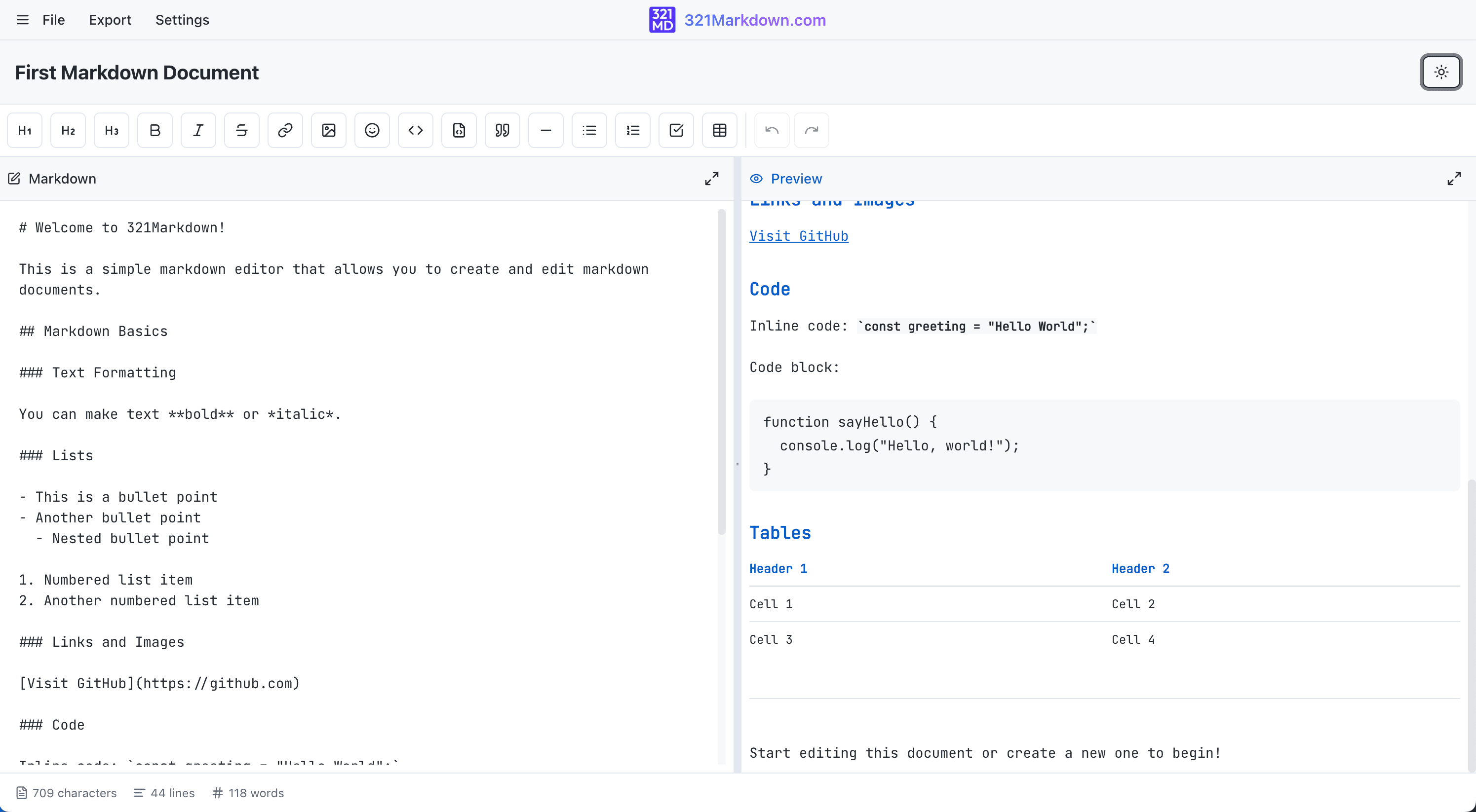 321Markdown Editor Interface